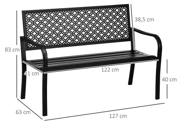 Kerti pad 2 személyes, acél háttámlával és karfával, virágmintával, max 280 kg, fekete, 127