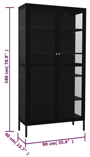 Fekete acél és edzett üveg vitrin 90 x 40 x 180 cm