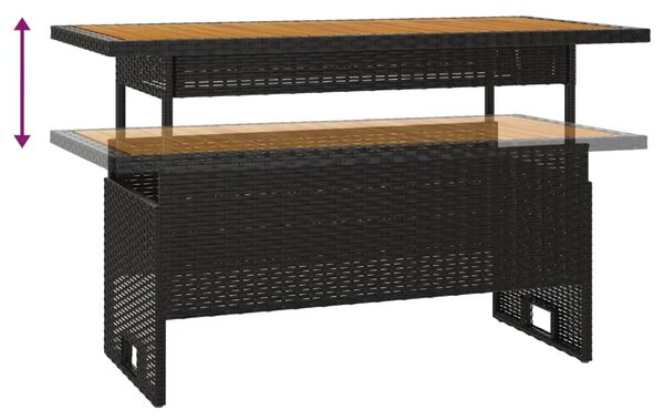 Fekete tömör akácfa és polirattan kerti asztal 100x50x43/63 cm