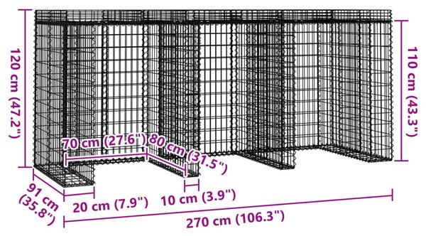Horganyzott vas gabionkosár szemeteskukához 270 x 91 x 120 cm