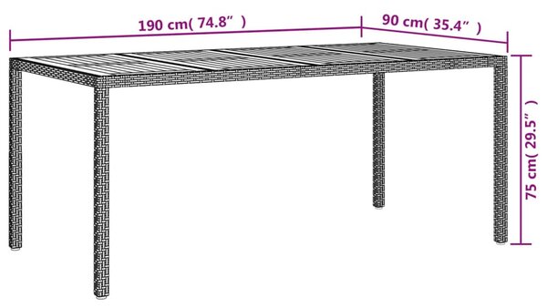 Fekete polyrattan és akácfa kerti asztal 190 x 90 x 75 cm