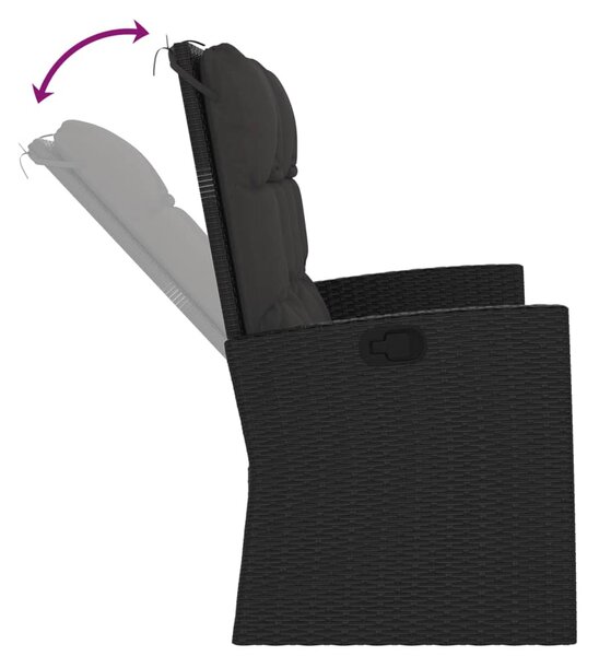 Fekete polyrattan dönthető kerti pad párnával 118 cm