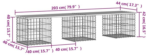 Tömör fenyőfa gabion kerti pad 203x44x42 cm