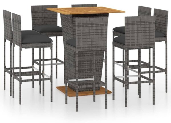 9 részes szürke polyrattan kerti bárszett párnákkal