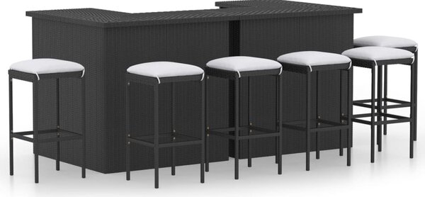 8 részes fekete polyrattan kerti bárszett párnával