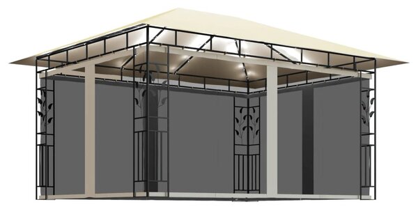Krémszínű pavilon szúnyoghálóval/LED fényfüzérrel 4x3x2,73 m
