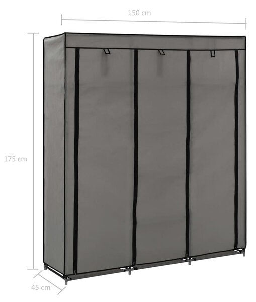Szürke szövet ruhaszekrény rekeszekkel és rudakkal 150x45x175cm