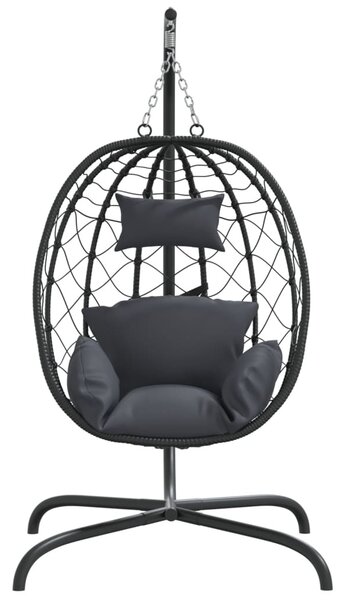 Antracitszürke polyrattan és acél függő kagylószék párnával