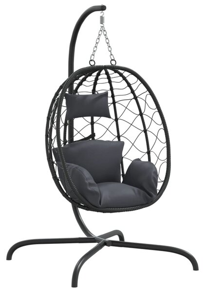 Antracitszürke polyrattan és acél függő kagylószék párnával