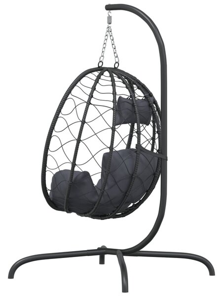 Antracitszürke polyrattan és acél függő kagylószék párnával