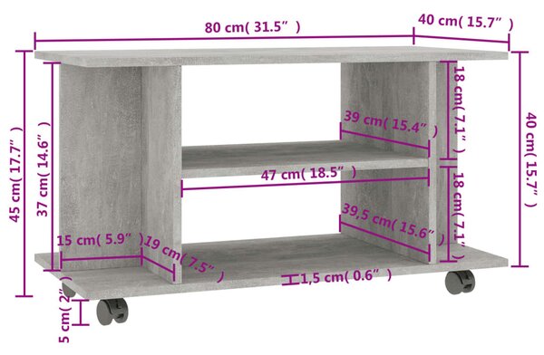 Betonszürke szerelt fa TV-szekrény görgőkkel 80 x 40 x 45 cm