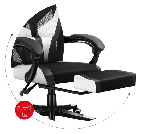 Gamer szék ergonomikus lábtartóval, fekvőtámasz , fekete-fehér