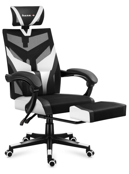 Gamer szék ergonomikus lábtartóval, fekvőtámasz , fekete-fehér