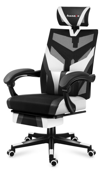 Gamer szék ergonomikus lábtartóval, fekvőtámasz , fekete-fehér