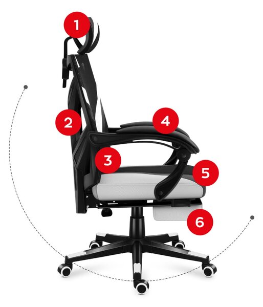 Gamer szék ergonomikus lábtartóval, fekvőtámasz , fekete-fehér