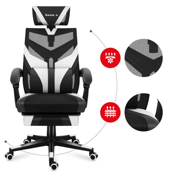 Gamer szék ergonomikus lábtartóval, fekvőtámasz , fekete-fehér