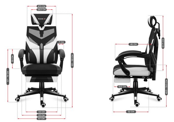 Gamer szék ergonomikus lábtartóval, fekvőtámasz , fekete-fehér