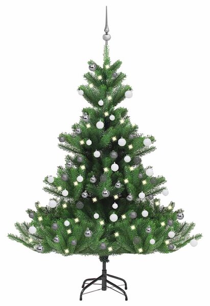 Zöld nordmann műfenyő LED-fényekkel és gömbszettel 150 cm