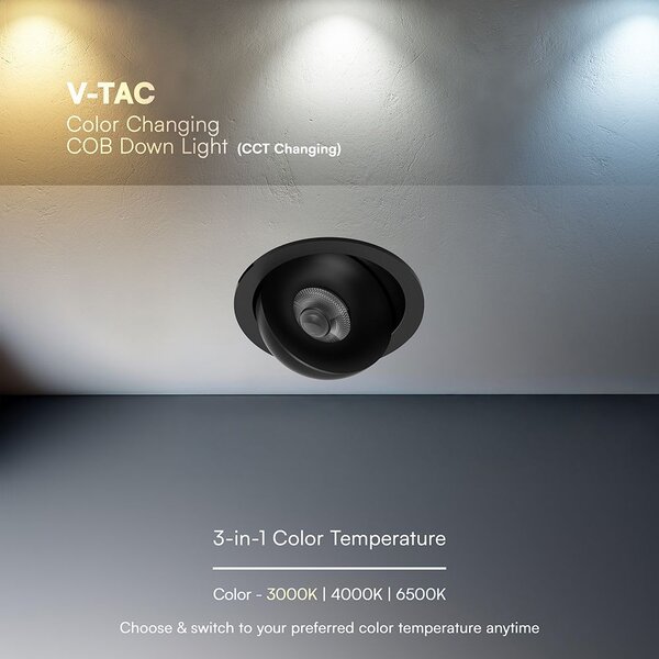 V-TAC CREE COB 12W süllyeszthető LED mélysugárzó, állítható szöggel, fekete házzal, CCT - SKU 24479