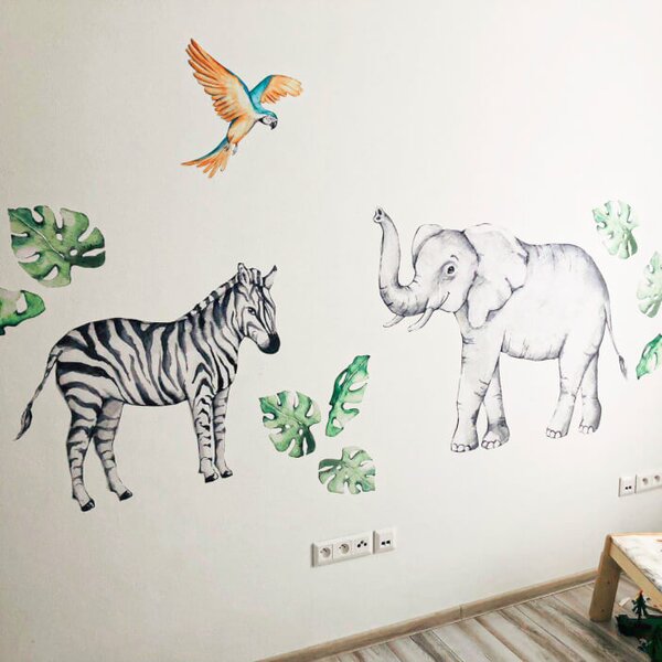 INSPIO - átragasztható textil matrica - Fali matrica - Elefánt és zebra a SZAFARI-ból