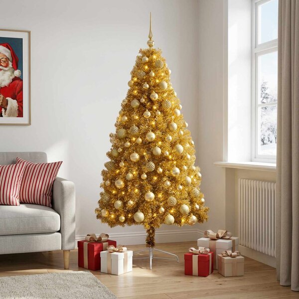 Műkarácsonyfa gömbbel 180 cm 300 LED Meleg fehér PVC és fém