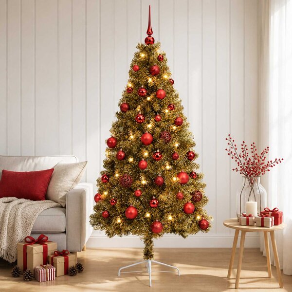 Műkarácsonyfa gömbbel 120 cm 150 LED Meleg fehér PVC és fém