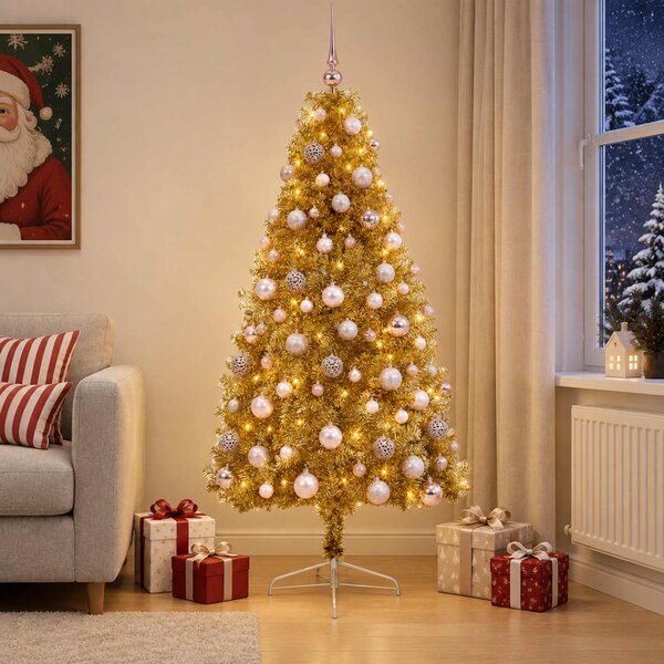 Műkarácsonyfa gömbbel 180 cm 300 LED Meleg fehér PVC és fém