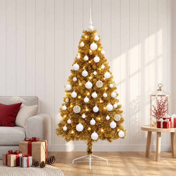 Műkarácsonyfa gömbbel 120 cm 150 LED Meleg fehér PVC és fém