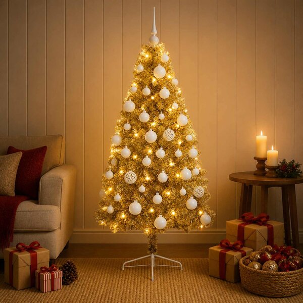 Műkarácsonyfa gömbbel 120 cm 150 LED Meleg fehér PVC és fém