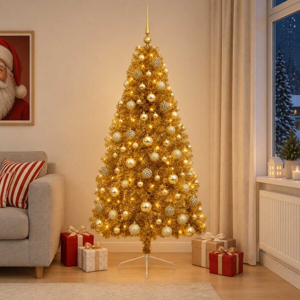 Műkarácsonyfa gömbbel 180 cm 300 LED Meleg fehér PVC és fém