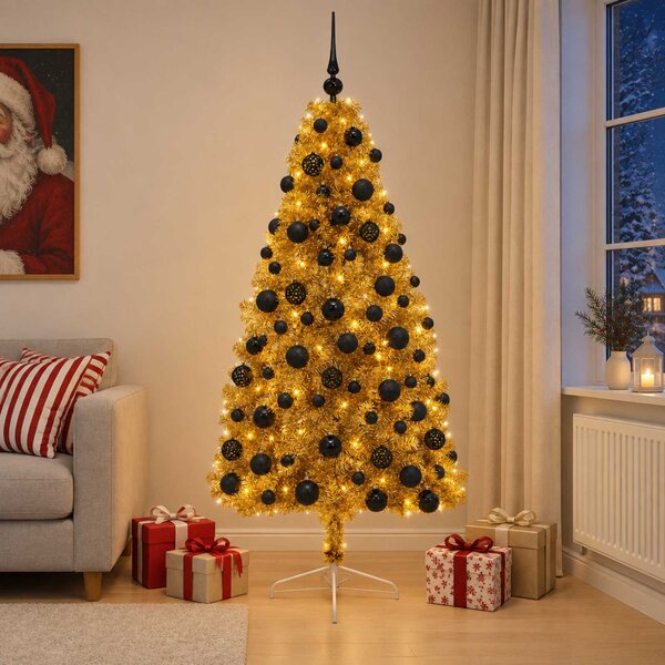 Műkarácsonyfa gömbbel 180 cm 300 LED Meleg fehér PVC és fém