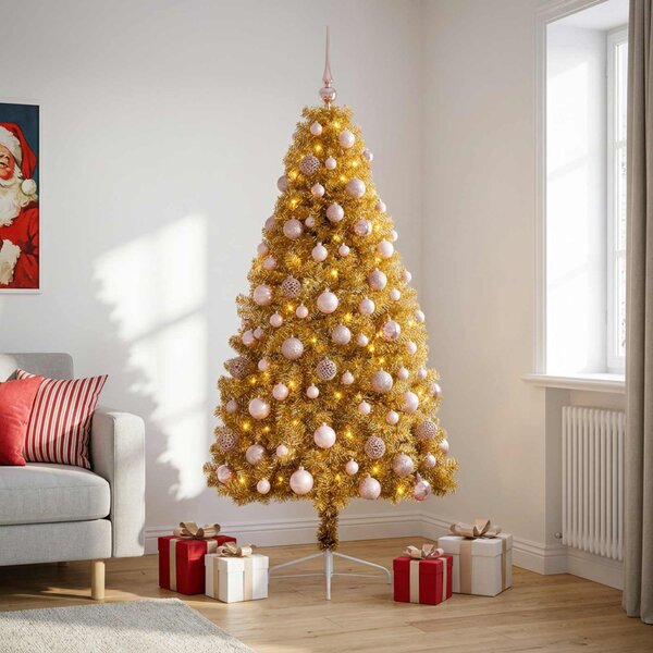 Műkarácsonyfa gömbbel 180 cm 300 LED Meleg fehér PVC és fém