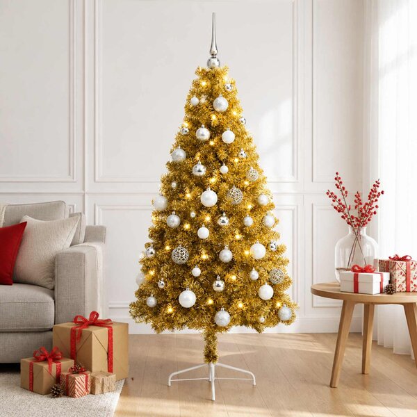 Műkarácsonyfa gömbbel 120 cm 150 LED Meleg fehér PVC és fém