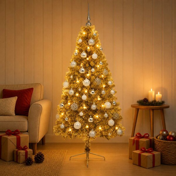 Műkarácsonyfa gömbbel 120 cm 150 LED Meleg fehér PVC és fém
