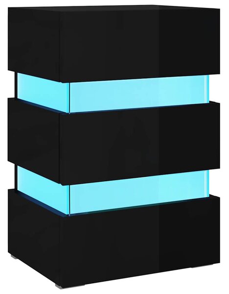 Magasfényű fekete szerelt fa LED-es éjjeliszekrény 45x35x67 cm