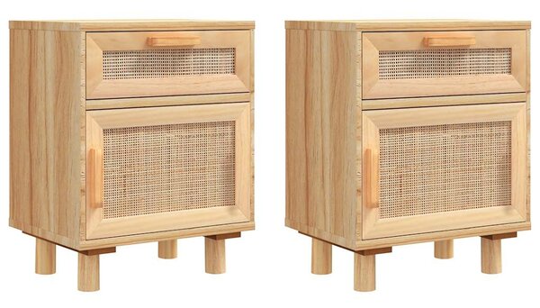 2 db barna tömör fenyőfa és természetes rattan éjjeliszekrény