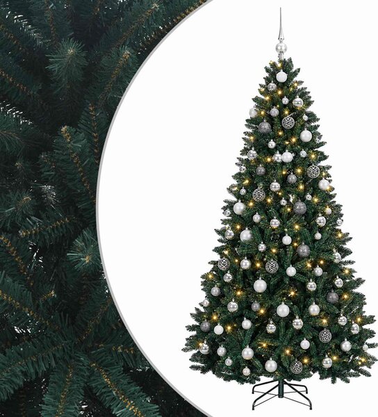 Sötétzöld műkarácsonyfa gömbökkel 180 cm 300 LED Meleg fehér