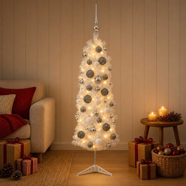 Karcsú műkarácsonyfa gömbökkel 150 cm 150 LED Meleg fehér