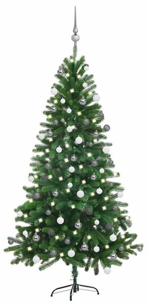 Zöld megvilágított műkarácsonyfa gömb szettel 150 cm