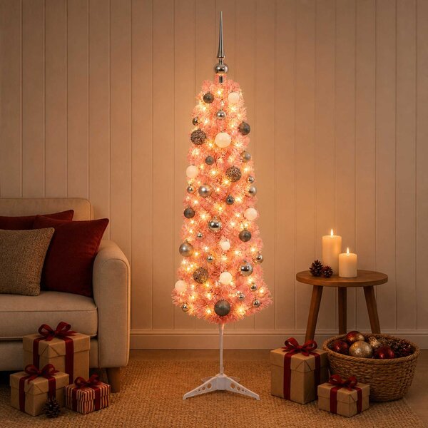 Karcsú műkarácsonyfa gömbökkel 120 cm 150 LED Meleg fehér