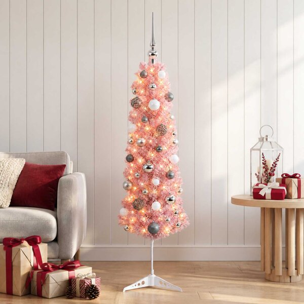 Karcsú műkarácsonyfa gömbökkel 120 cm 150 LED Meleg fehér