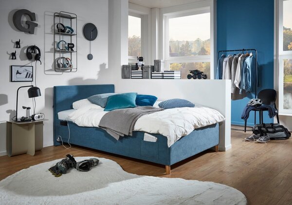 Kék kárpitozott ágyneműtartós gyerekágy ágyráccsal 90x200 cm Cool – Meise Möbel