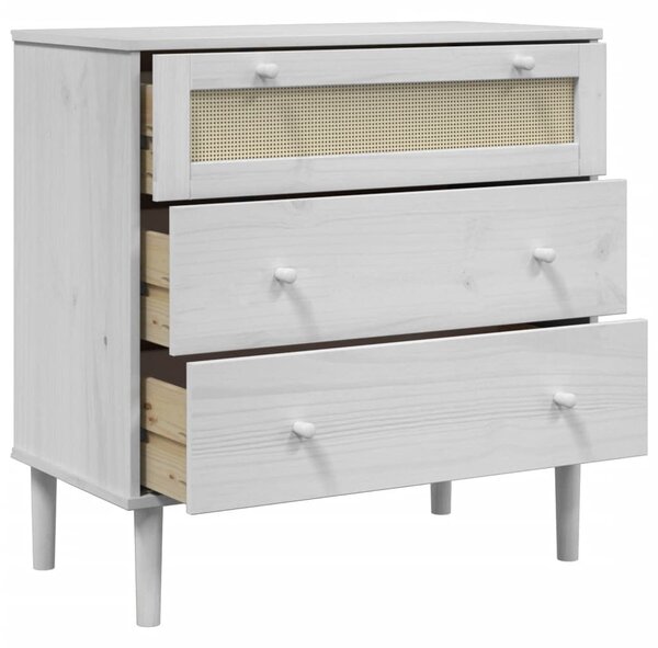 SENJA fehér rattan hatású tömör fenyőfa komód 80 x 40 x 80 cm