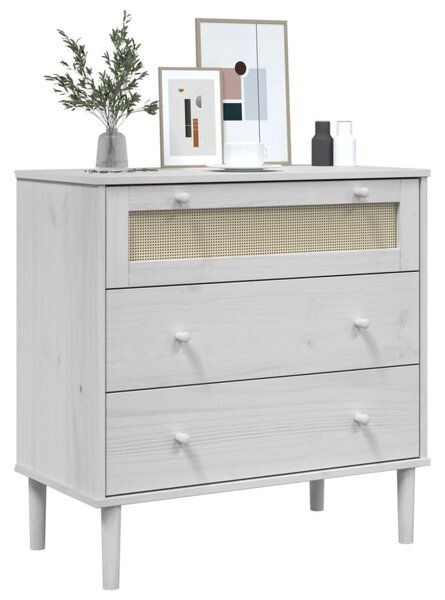 SENJA fehér rattan hatású tömör fenyőfa komód 80 x 40 x 80 cm