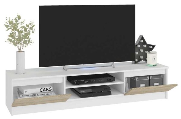 Akord Modern RTV Komód – Sonoma Tölgy/Biela, 160 cm Szélességű, Kétajtós, Matt Előlappal, Laminate Lappal, Összeszerelést Igényel, 2 Polcos - Elegancia és Praktikusság Otthonában