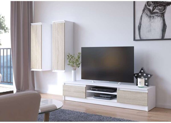 Akord Modern RTV Komód – Sonoma Tölgy/Biela, 160 cm Szélességű, Kétajtós, Matt Előlappal, Laminate Lappal, Összeszerelést Igényel, 2 Polcos - Elegancia és Praktikusság Otthonában