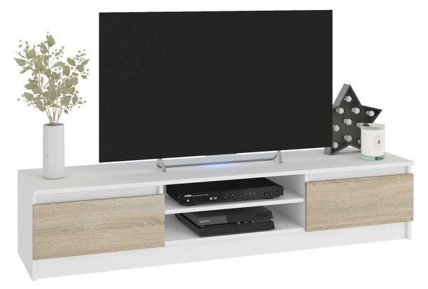 Akord Modern RTV Komód – Sonoma Tölgy/Biela, 160 cm Szélességű, Kétajtós, Matt Előlappal, Laminate Lappal, Összeszerelést Igényel, 2 Polcos - Elegancia és Praktikusság Otthonában