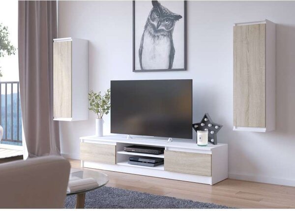Akord Modern RTV Komód – Sonoma Tölgy/Biela, 160 cm Szélességű, Kétajtós, Matt Előlappal, Laminate Lappal, Összeszerelést Igényel, 2 Polcos - Elegancia és Praktikusság Otthonában