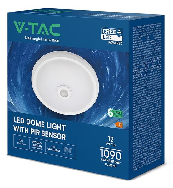 V-TAC CREE SMD 12W mennyezeti kerek LED lámpa, mozgásérzékelővel, CCT - SKU 234186