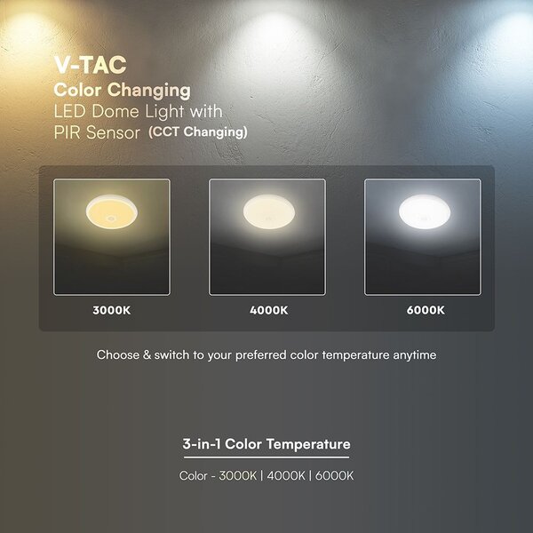 V-TAC CREE SMD 12W mennyezeti kerek LED lámpa, mozgásérzékelővel, CCT - SKU 234186